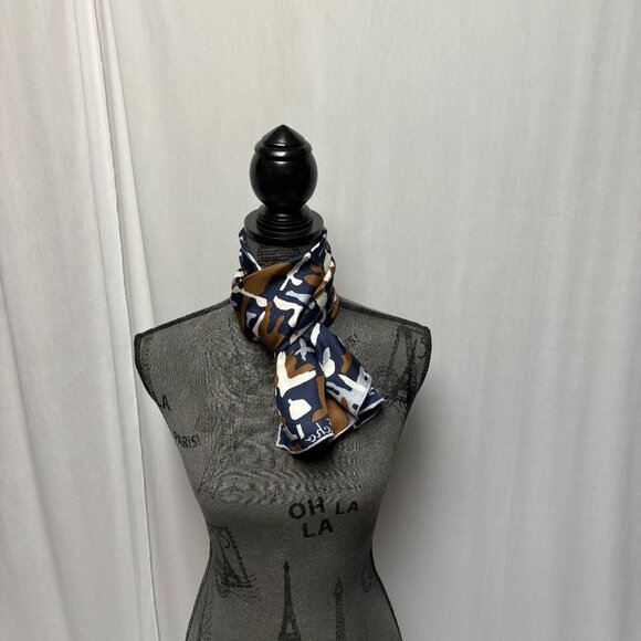 Echo Silk Scarf Abstract Blue Brown White Rectangle Vintage Modernist Classy - Picture 5 of 6